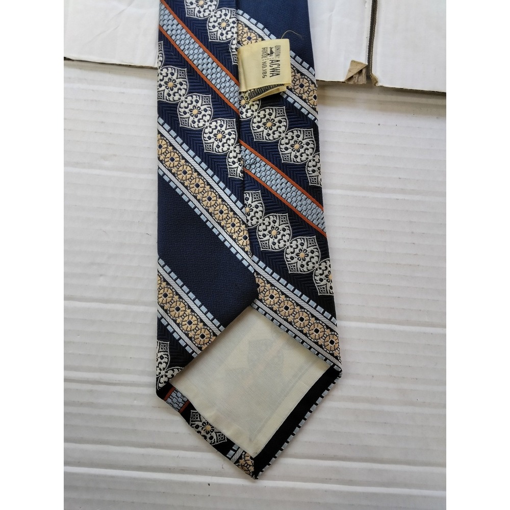 Vintage Dino Orsini Tie Medallion Stripe Navy Gold Trevira Polyester 70s ACWA - Picture 4 of 6